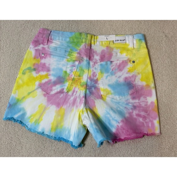 Judy Blue Womens L Tie Dye Denim Shorts Stretch NWT Blue Green Yellow Pink - Picture 7 of 7